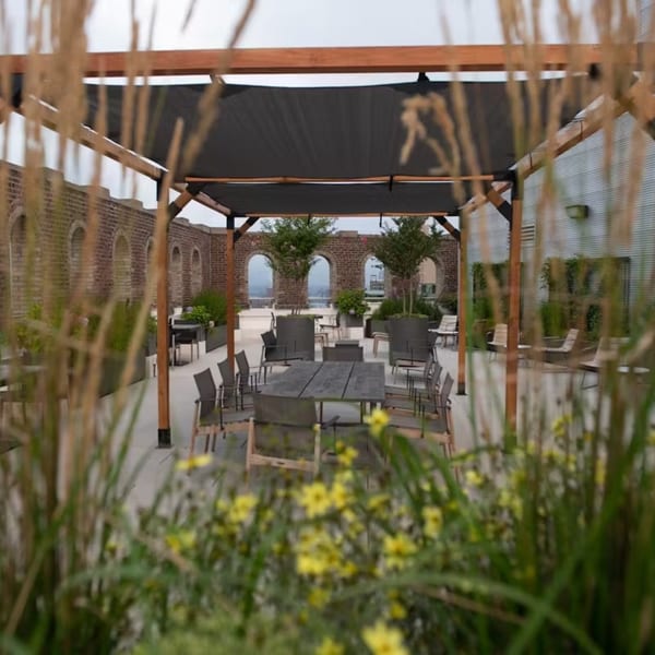 Ribalta's rooftop dining area with tables, chairs, and brick archways, seen through tall grasses.