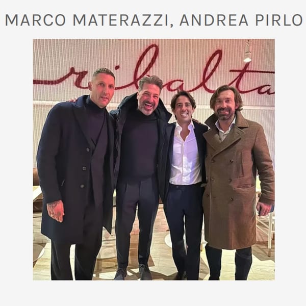 Four men, including Marco Materazzi and Andrea Pirlo, smiling in front of a "Ribalta" sign.